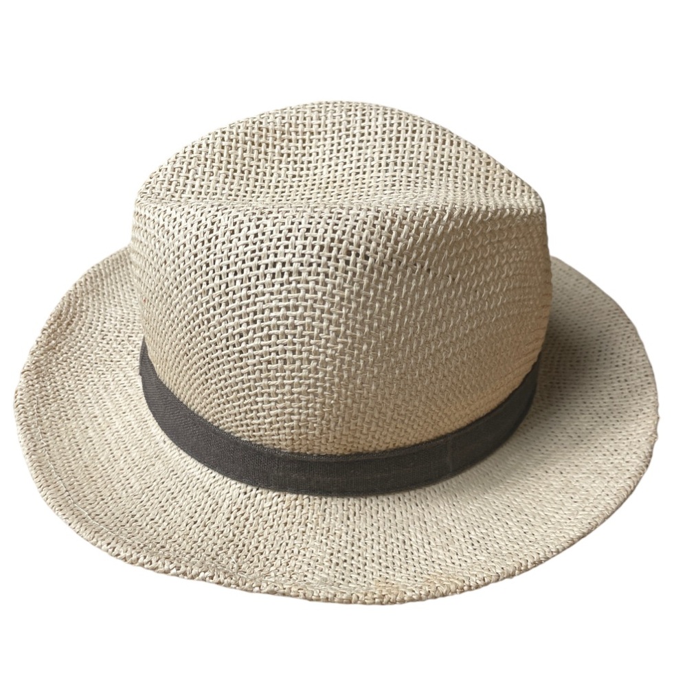 Old Navy Straw Hat Fedora Style Natural Tan Unisex Attached Brown Ribbon Band OS - Picture 4 of 6